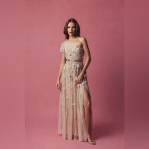 Mac Duggal 9165 NWT Pink Floral Embellished One Shoulder A Line Gown